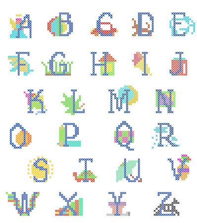 vector  stitch-point embroidered babyboy alphabet with figures- all letters are isolated and easy for editing Stock Photo - Budget Royalty-Free & Subscription, Code: 400-07033173