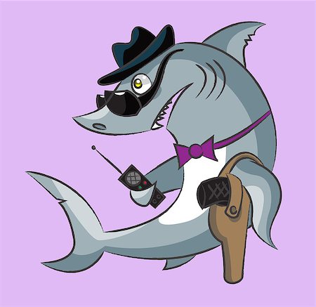 The toothy shark is the gangster in a hat and dark glasses has the gun in a holster and a handheld transceiver Photographie de stock - Aubaine LD & Abonnement, Code: 400-07033366