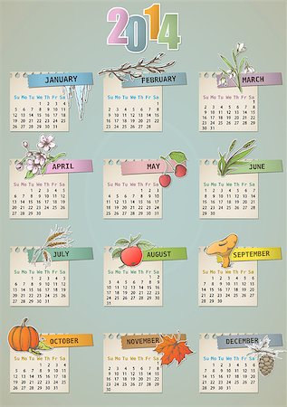 simsearch:400-08776231,k - Vintage hand drawn calendar for 2014 Stockbilder - Microstock & Abonnement, Bildnummer: 400-07044088