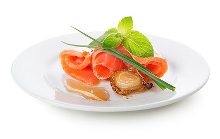 simsearch:400-07044537,k - Salmon rolls with greens, fried onion and sauce isolated on a white background Foto de stock - Super Valor sin royalties y Suscripción, Código: 400-07044768