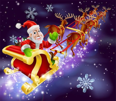 fauchen - Christmas illustration of Santa Claus flying in his sled or sleigh with night background Stockbilder - Microstock & Abonnement, Bildnummer: 400-07044957