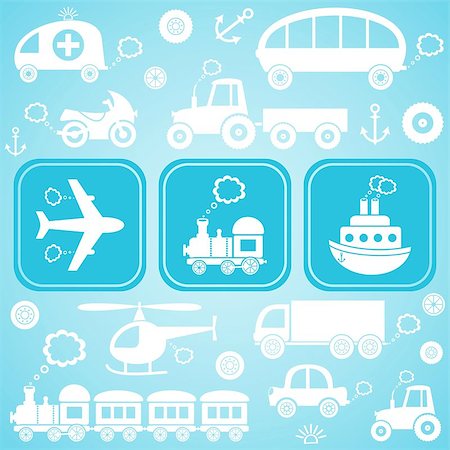 simsearch:400-04489755,k - Card with white means of transport icons ob light blue background Stock Photo - Budget Royalty-Free & Subscription, Code: 400-07045643