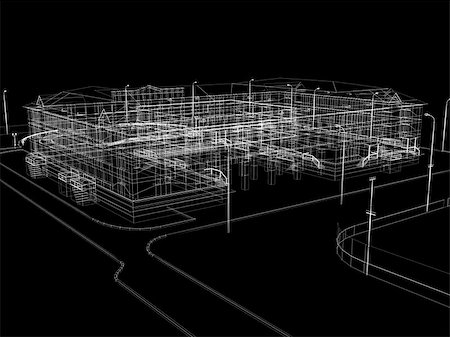 simsearch:400-07614731,k - Abstract archticture. Wire-frame render on black background Stock Photo - Budget Royalty-Free & Subscription, Code: 400-07045841