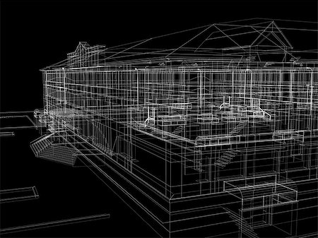 simsearch:400-07614731,k - Abstract archticture. Wire-frame render on black background Stock Photo - Budget Royalty-Free & Subscription, Code: 400-07045850