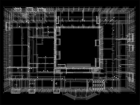 simsearch:400-07614731,k - Abstract archticture. Wire-frame render on black background Stock Photo - Budget Royalty-Free & Subscription, Code: 400-07045851