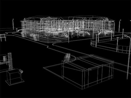 simsearch:400-07614731,k - Abstract archticture. Wire-frame render on black background Stock Photo - Budget Royalty-Free & Subscription, Code: 400-07045868