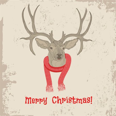 Deer vintage Christmas card vector animal illustration. Sketch tattoo design. Stock Photo - Budget Royalty-Free & Subscription, Code: 400-07046017