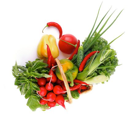simsearch:400-05678242,k - Vegetable Basket with Radish, Basil, Chili Pepper, Bell Pepper, Cucumbers, Leek, Parsley and Tomato isolated on white background. Top View Foto de stock - Super Valor sin royalties y Suscripción, Código: 400-07046297
