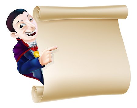 An illustration of a Halloween Vampire Dracula character peeping round a scroll sign or banner and pointing at it Stock Photo - Budget Royalty-Free & Subscription, Code: 400-07046907