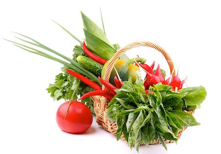 simsearch:400-06857433,k - Basket with Various Fresh Raw Vegetables and Greens and Big Red Tomato isolated on white background Foto de stock - Super Valor sin royalties y Suscripción, Código: 400-07047074