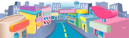simsearch:400-07049186,k - An illustration of a of cartoon shopping street with lots of interesting shops Foto de stock - Royalty-Free Super Valor e Assinatura, Número: 400-07047459