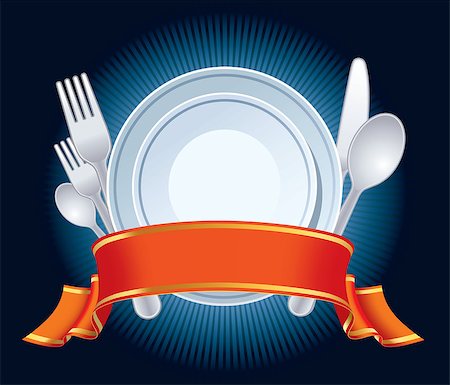 dinner plate graphic - Blue restaurant sign with plate, fork, spoon, knife, and red banner. Foto de stock - Super Valor sin royalties y Suscripción, Código: 400-07048203