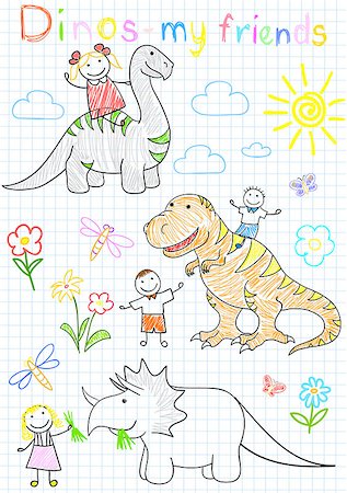 Vector sketches happy children's and dinosaurs. Sketch on notebook page Stock Photo - Budget Royalty-Free & Subscription, Code: 400-07048231
