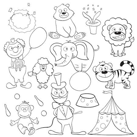 Outlined cute cartoon circus elements for coloring book. Vector illustration. Foto de stock - Super Valor sin royalties y Suscripción, Código: 400-07048554