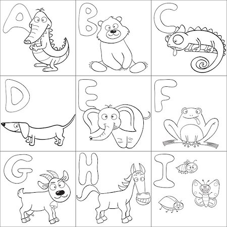 Outlined cute cartoon animals and alphabet from A to I for coloring book Stock Photo - Budget Royalty-Free & Subscription, Code: 400-07048550