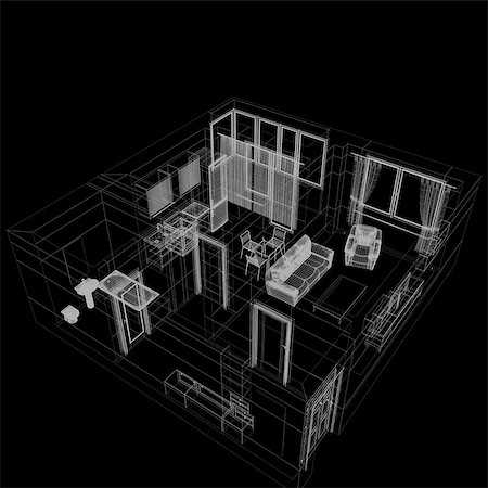 simsearch:400-04022943,k - layout of the apartment. Wire-frame render on black background Foto de stock - Super Valor sin royalties y Suscripción, Código: 400-07048807