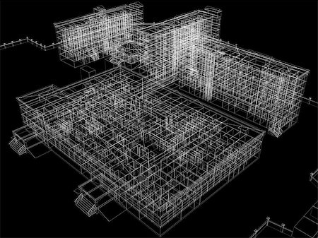simsearch:400-07614731,k - Abstract archticture. Wire-frame render on black background Stock Photo - Budget Royalty-Free & Subscription, Code: 400-07048831