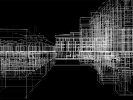 simsearch:400-07614731,k - Abstract archticture. Wire-frame render on black background Stock Photo - Budget Royalty-Free & Subscription, Code: 400-07048833
