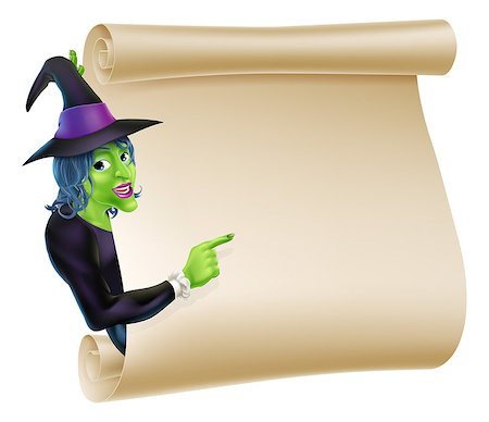 An illustration of a Halloween witch character peeping round a scroll sign or banner and pointing at it Stock Photo - Budget Royalty-Free & Subscription, Code: 400-07049167