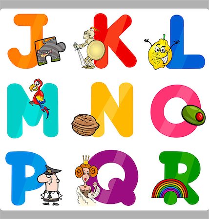 simsearch:400-09048267,k - Cartoon Illustration of Funny Capital Letters Alphabet with Objects for Language and Vocabulary Education for Children from J to R Photographie de stock - Aubaine LD & Abonnement, Code: 400-07049276