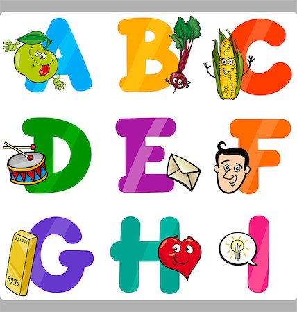 simsearch:400-07556661,k - Cartoon Illustration of Funny Capital Letters Alphabet with Objects for Language and Vocabulary Education for Children from A to I Foto de stock - Super Valor sin royalties y Suscripción, Código: 400-07049299