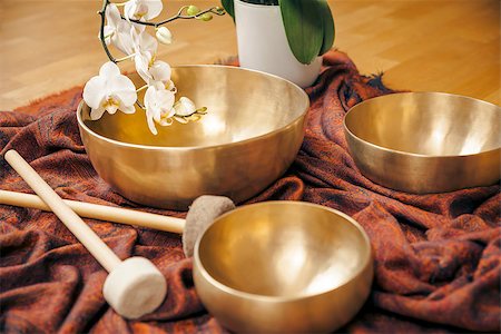 An image of some singing bowls and a white orchid Stock Photo - Budget Royalty-Free & Subscription, Code: 400-07049502