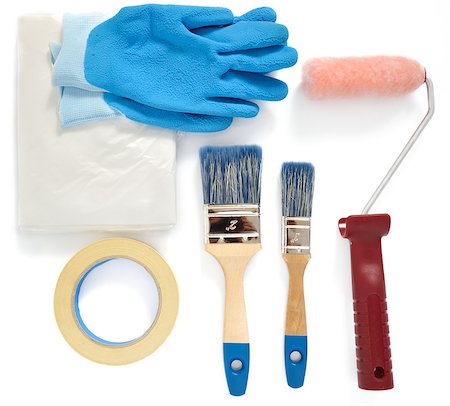 Painting tools on white background. Masking tape, brushes, drop cloth, paint roller and gloves on white background. Foto de stock - Super Valor sin royalties y Suscripción, Código: 400-07049855
