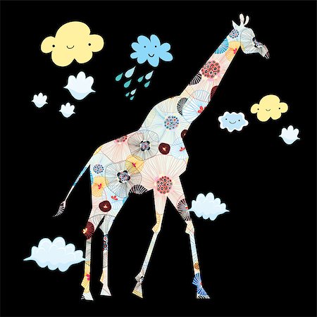 Decorative silhouette of a giraffe on a black background with clouds Stock Photo - Budget Royalty-Free & Subscription, Code: 400-07049933