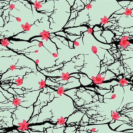 flower cloth texture - Seamless background pattern tree japanese cherry blossom. Realistic sakura vector nature illustration. Stock Photo - Budget Royalty-Free & Subscription, Code: 400-07040003