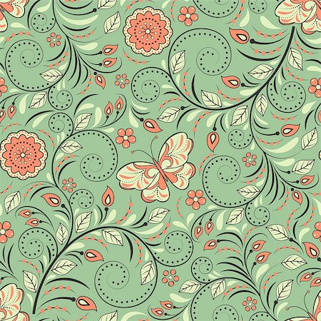 simsearch:400-07062285,k - Vector illustration of seamless pattern with abstract flowers and butterflies.Floral background. It can be used for web page background,surface textures,textile industry and others. Foto de stock - Royalty-Free Super Valor e Assinatura, Número: 400-07040174
