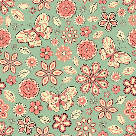 simsearch:400-07053049,k - Vector illustration of seamless pattern with abstract flowers and butterflies.Floral background. It can be used for web page background,surface textures,textile industry and others. Foto de stock - Royalty-Free Super Valor e Assinatura, Número: 400-07040173