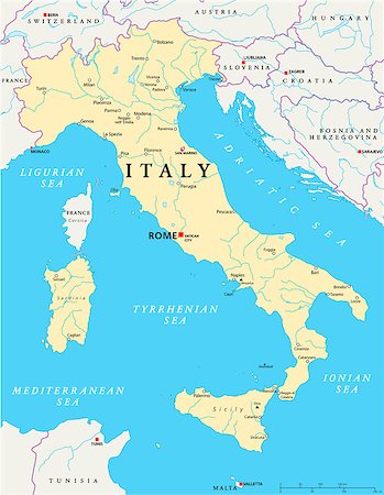 Map of Italy with the capital Rome, the Vatican and San Marino, national borders, most important cities, rivers and lakes. Vector illustration with english labeling and scale. Stock Photo - Budget Royalty-Free & Subscription, Code: 400-07040523