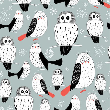 Seamless graphic pattern of white owls on a gray background with snowflakes Stock Photo - Budget Royalty-Free & Subscription, Code: 400-07040778