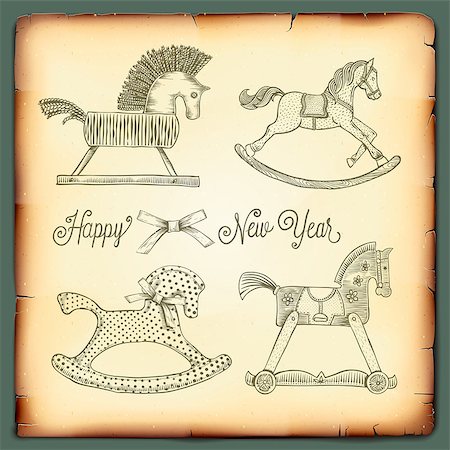New Year card with rocking toys horses, vector Eps10 image. Stock Photo - Budget Royalty-Free & Subscription, Code: 400-07041151