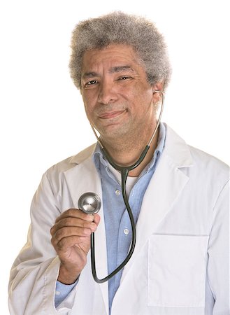 simsearch:400-07042108,k - Isolated wincing mature medical doctor using stethoscope Stock Photo - Budget Royalty-Free & Subscription, Code: 400-07042094