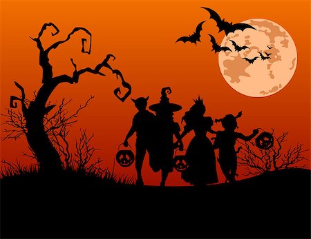 dressing up as a cat for halloween - Halloween background with silhouettes of children trick or treating in Halloween costume Stock Photo - Budget Royalty-Free & Subscription, Code: 400-07042255