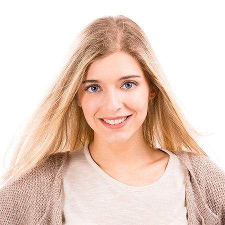 simsearch:400-07054885,k - Portrait of a beautiful blonde woman smiling, isolated over white background Stockbilder - Microstock & Abonnement, Bildnummer: 400-07042594
