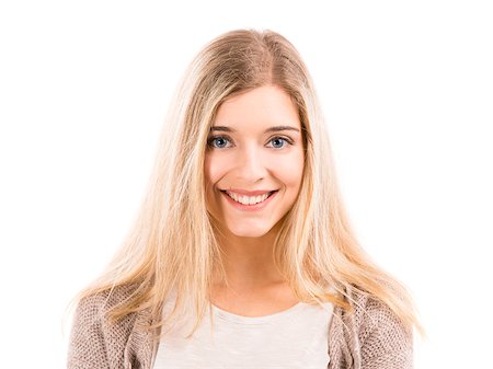 simsearch:400-07054885,k - Portrait of a beautiful blonde woman smiling, isolated over white background Stockbilder - Microstock & Abonnement, Bildnummer: 400-07042592