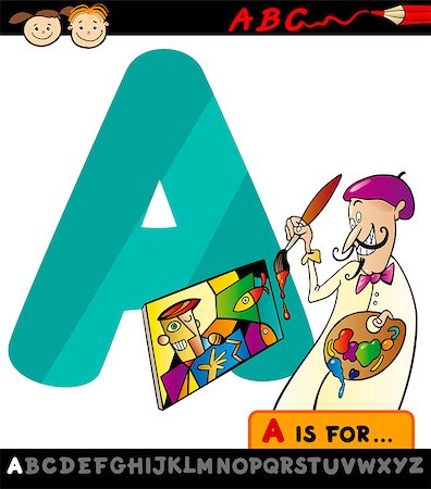 simsearch:400-07043147,k - Cartoon Illustration of Capital Letter A from Alphabet with Artist for Children Education Photographie de stock - Aubaine LD & Abonnement, Code: 400-07043077