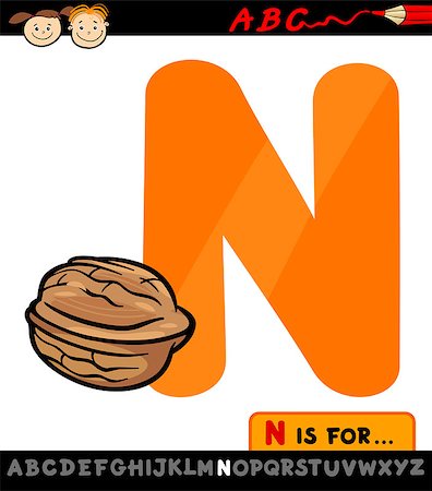 simsearch:400-07043137,k - Cartoon Illustration of Capital Letter N from Alphabet with Nut for Children Education Foto de stock - Royalty-Free Super Valor e Assinatura, Número: 400-07043145
