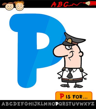 simsearch:400-07049301,k - Cartoon Illustration of Capital Letter P from Alphabet with Policeman for Children Education Photographie de stock - Aubaine LD & Abonnement, Code: 400-07043161