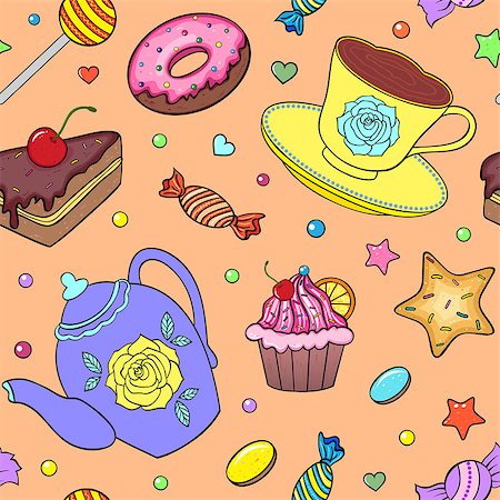 doughnut background - Vector illustration of seamless pattern with sweets, teapot and cup Stock Photo - Budget Royalty-Free & Subscription, Code: 400-07043985