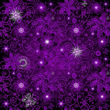 simsearch:400-07061067,k - Seamless dark violet vintage pattern with flowers and butterflies (vector) Foto de stock - Super Valor sin royalties y Suscripción, Código: 400-07054055