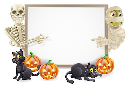 Halloween sign or banner with orange Halloween pumpkins and black witch's cats, witch's broom stick and cartoon skeleton and mummy characters Stock Photo - Budget Royalty-Free & Subscription, Code: 400-07054212