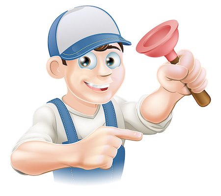 engineers hat cartoon - Cartoon plumber or janitor holding a rubber plunger and pointing Stock Photo - Budget Royalty-Free & Subscription, Code: 400-07054425