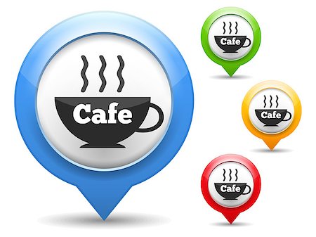simsearch:400-07054451,k - Map marker with icon of a cafe, four different colors, vector eps10 illustration Stock Photo - Budget Royalty-Free & Subscription, Code: 400-07054432