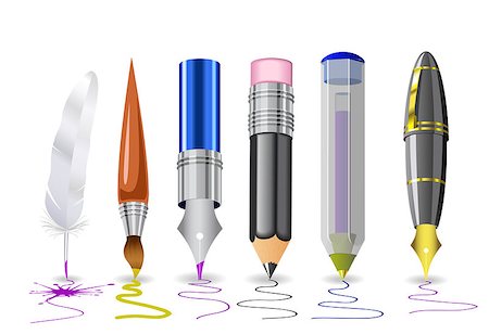 simsearch:400-06527396,k - Quill, pens, pencil, brush are shown in the image. Foto de stock - Royalty-Free Super Valor e Assinatura, Número: 400-07054981