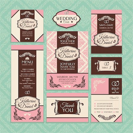 Set of wedding cards. Wedding invitations, Thank you card, Save the date card, Table card, RSVP card and Menu. Stock Photo - Budget Royalty-Free & Subscription, Code: 400-07055236