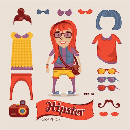 design element - Hipster pretty girl with hipster accessories, eps10 vector illustration Stock Photo - Budget Royalty-Free & Subscription, Code: 400-07055302