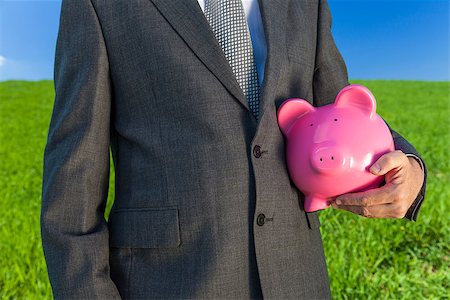 Green investment concept shot of a man or businessman in suit holding a pink piggy bank in a green field with a bright blue sky. Stock Photo - Budget Royalty-Free & Subscription, Code: 400-07055357